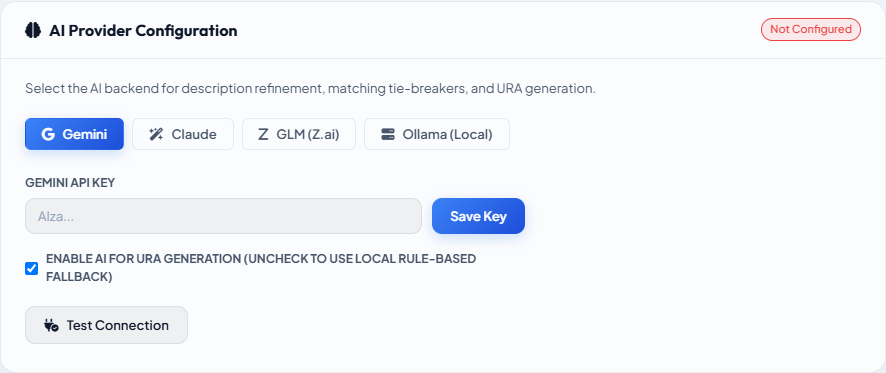 Settings — AI Provider panel with provider tabs and API key field