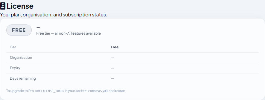 Settings โ License panel showing tier, organisation, expiry and days remaining