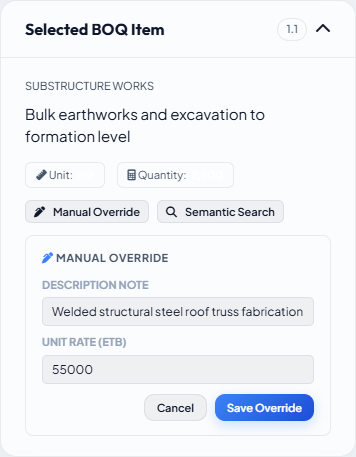 Manual override dialog for entering a custom rate and note