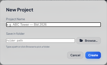 New Project dialog — name field and folder picker