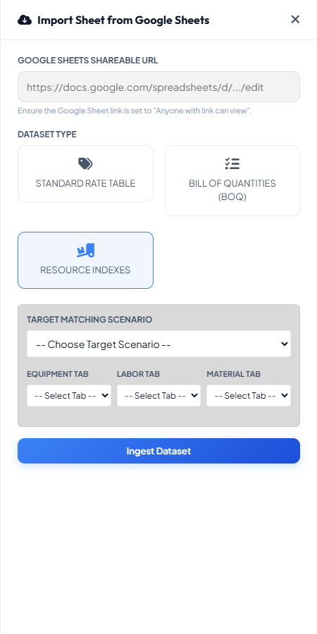 Price book import dialog with Resource Indexes type selected