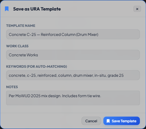Save as Template dialog showing template name field and keyword suggestions