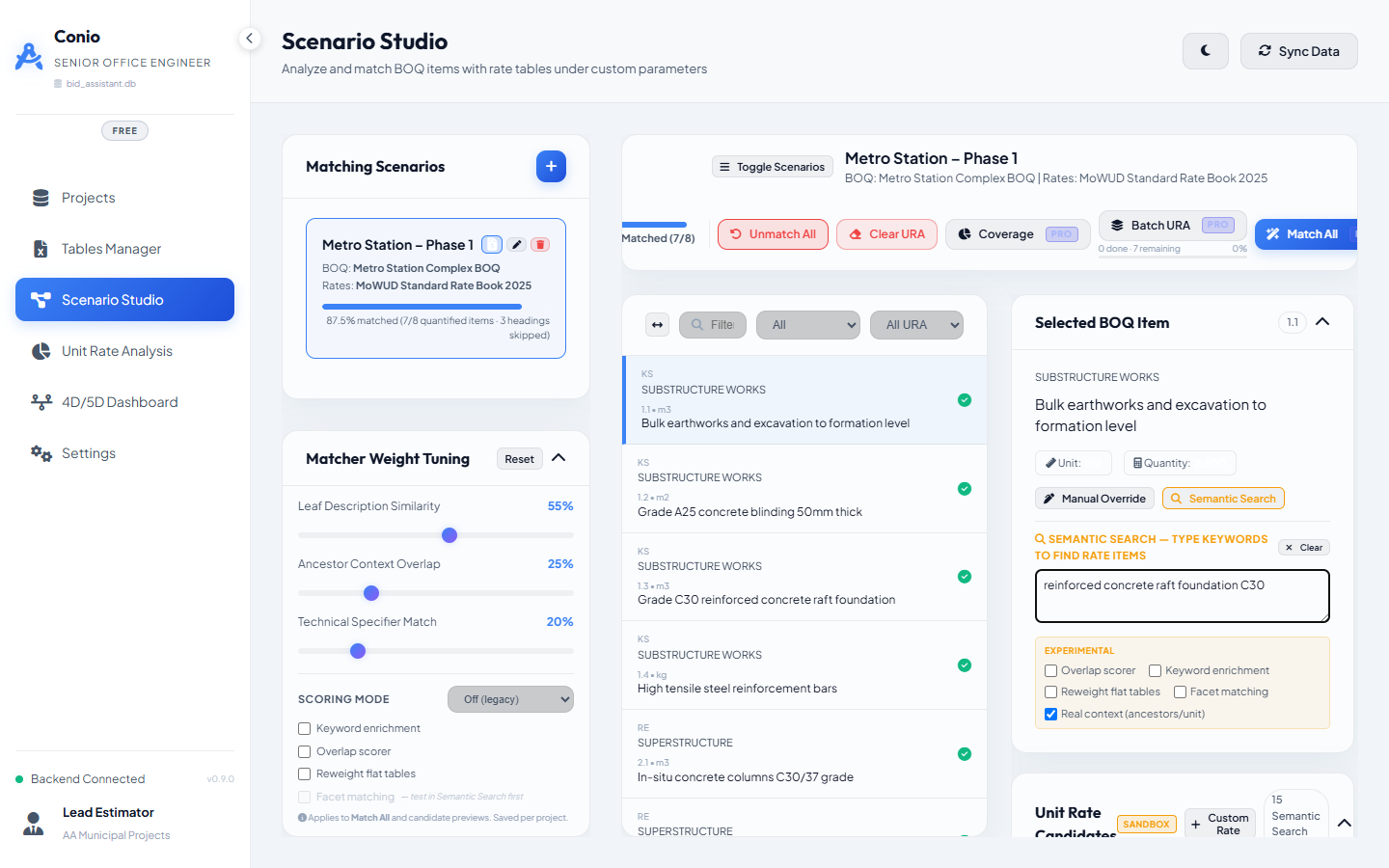 Semantic Search panel with keyword input and matching candidate list