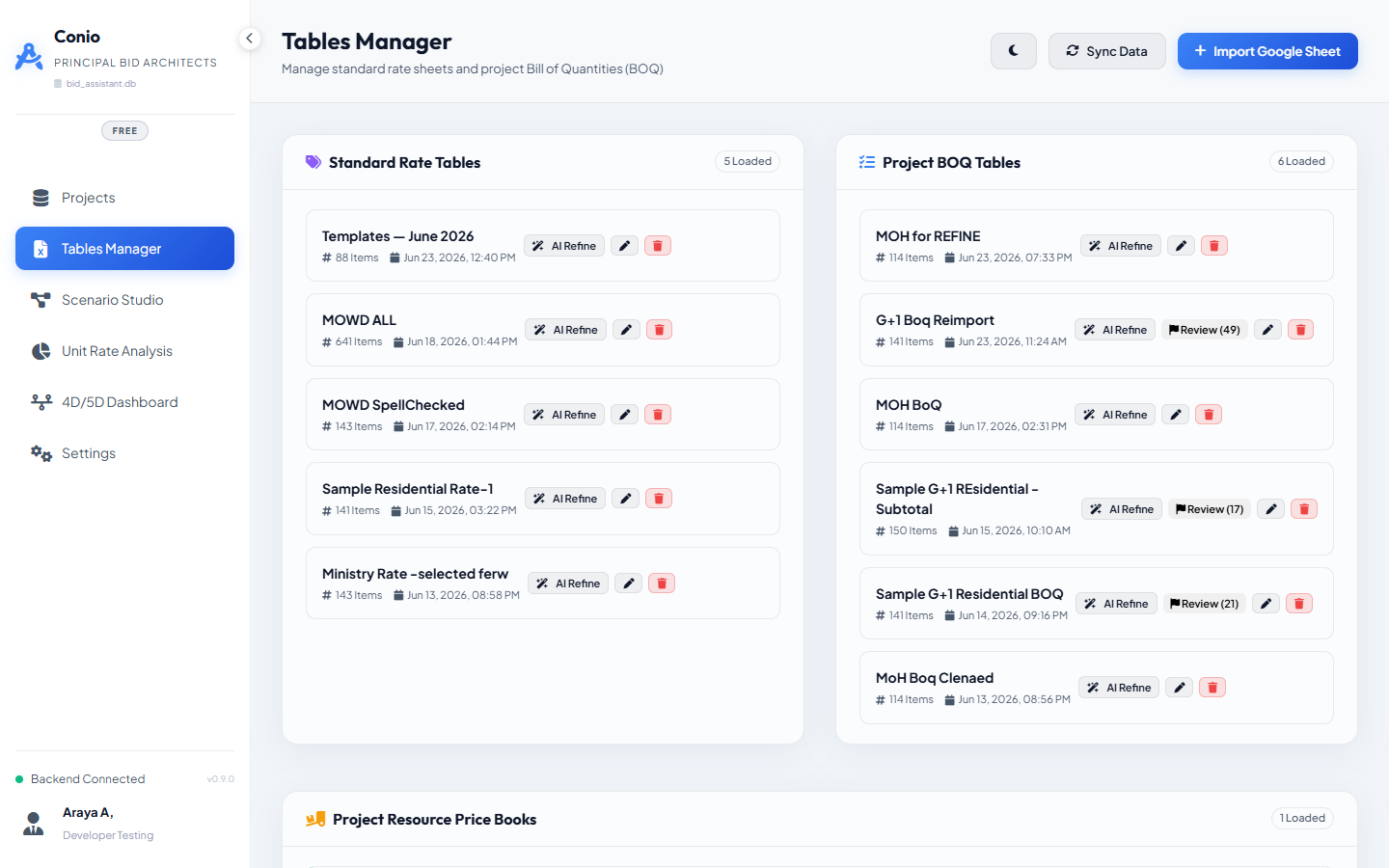 Table Manager overview showing all three sections with table cards