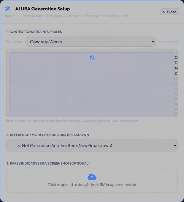 AI Generate URA modal showing the item description, work type dropdown, and context checkboxes